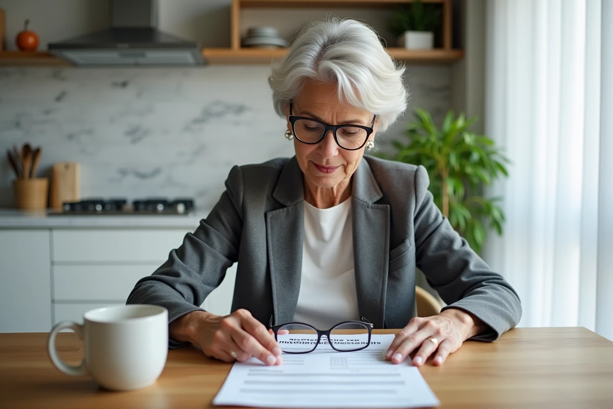 Femme lisant attentivement un document détaillant la contribution de sécurité immobilière dans le cadre d'un crédit hypothécaire