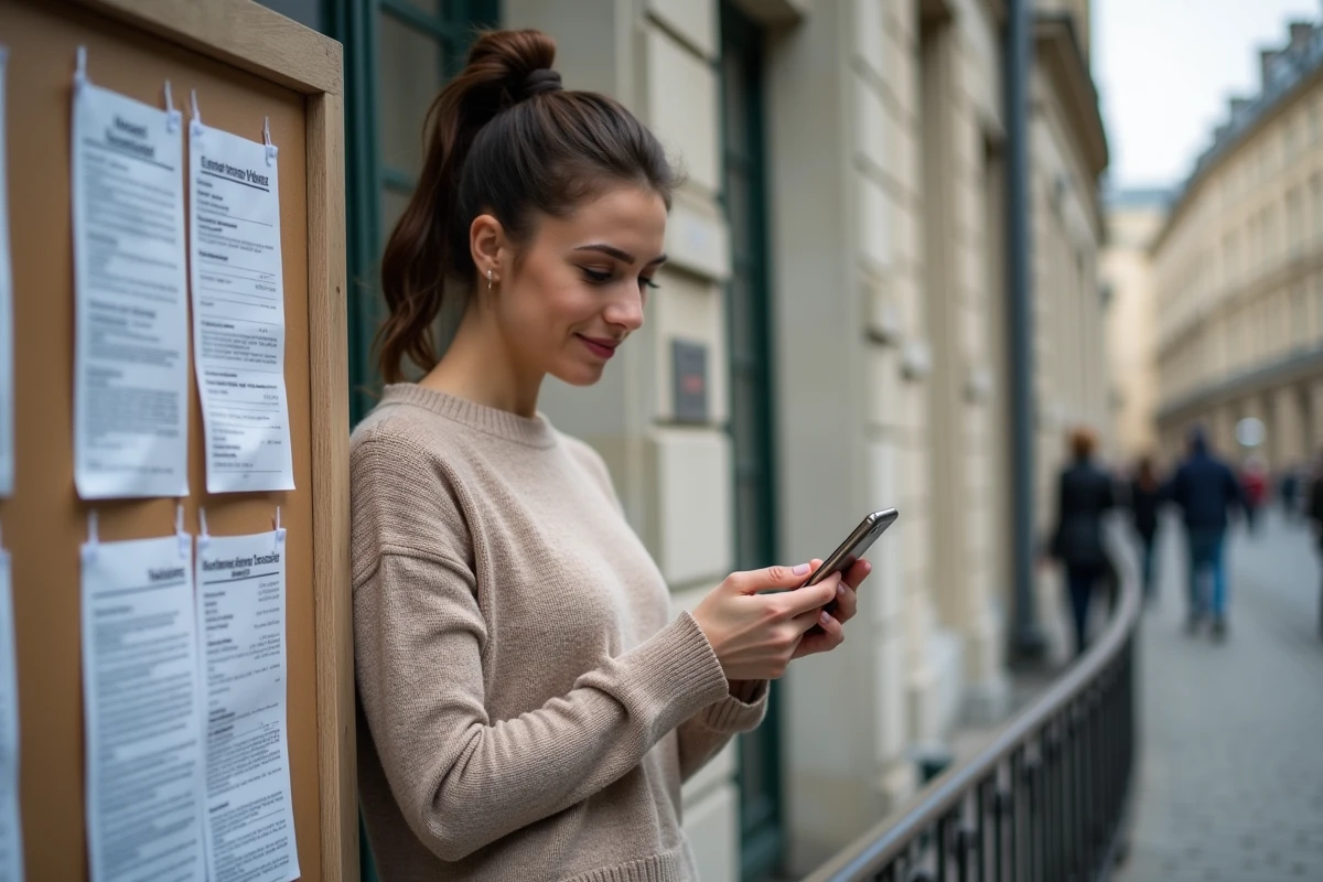 Femme regardant un panneau d’affichage dans une ville française