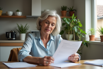 Femme d'âge moyen lisant des documents fiscaux dans la cuisine