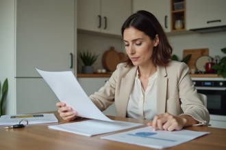 Femme d'âge moyen lisant des papiers dans la cuisine moderne