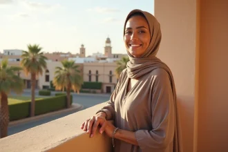 Femme marocaine souriante sur balcon avec vue sur Agadir