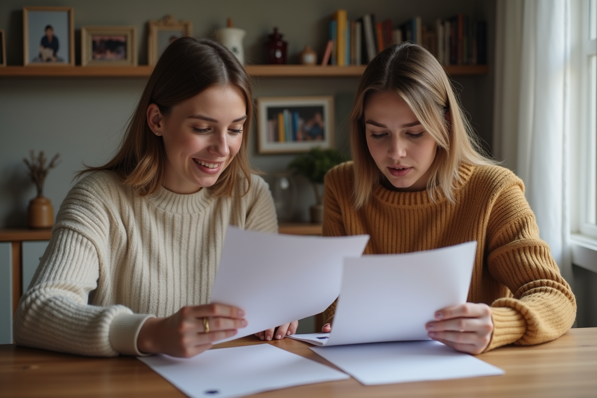 Femme et mère examinant des papiers dans un salon chaleureux