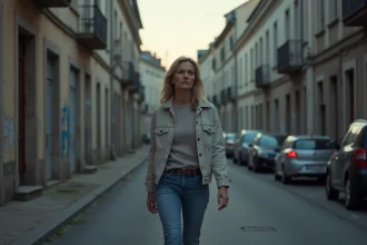 Femme préoccupée dans une rue de Montluçon au crépuscule