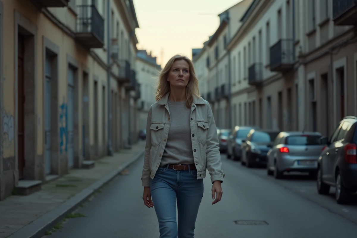 Femme préoccupée dans une rue de Montluçon au crépuscule