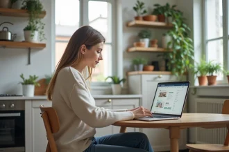 Femme assise à une table de cuisine moderne avec ordinateur