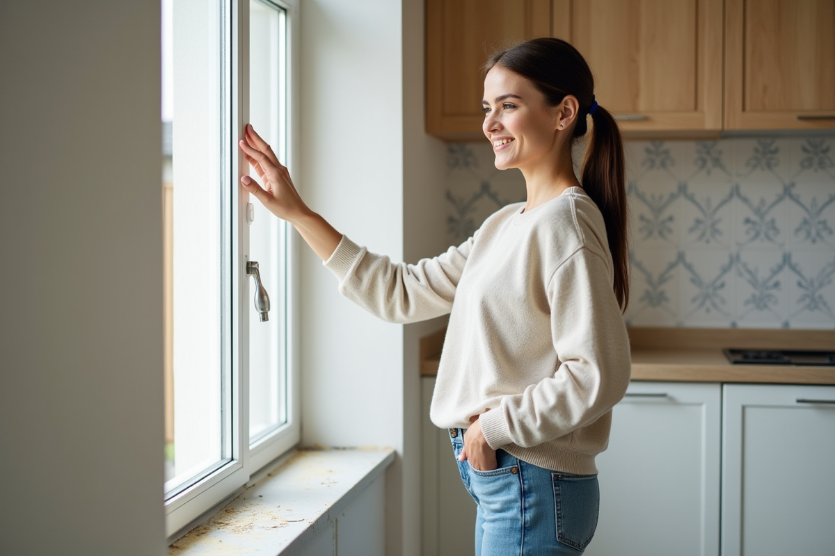 Jeune femme souriante inspecte une fenêtre peinte dans la cuisine