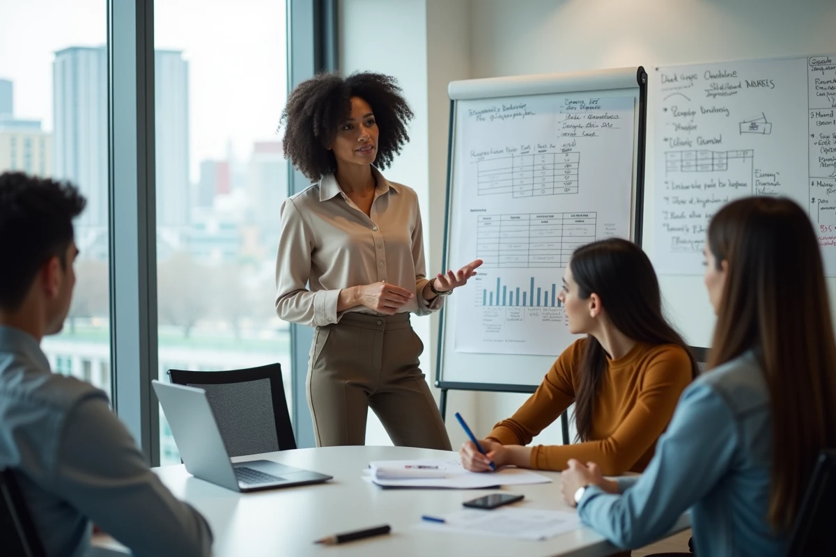 Femme expliquant des graphiques de location &agrave; des clients