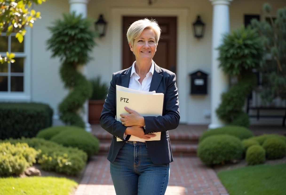 Femme devant une maison de banlieue avec dossier PTZ
