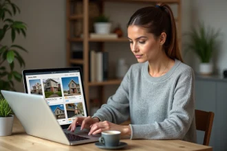 Femme consultant un site d'annonces immobilières sur un ordinateur portable dans un bureau à domicile, illustrant l'utilisation de 123loger pour trouver un logement