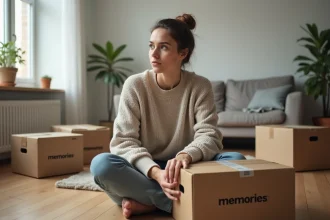 Femme pensant dans un salon en transition