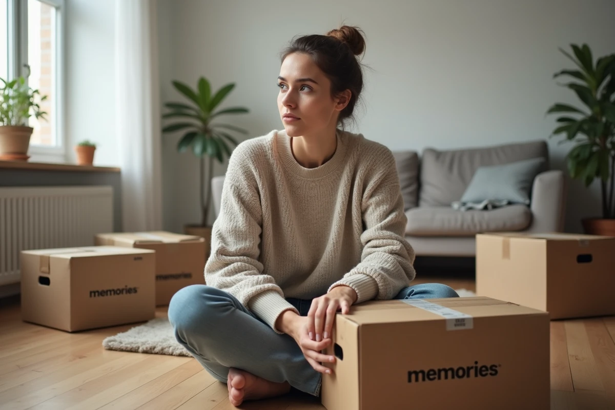 Femme pensant dans un salon en transition