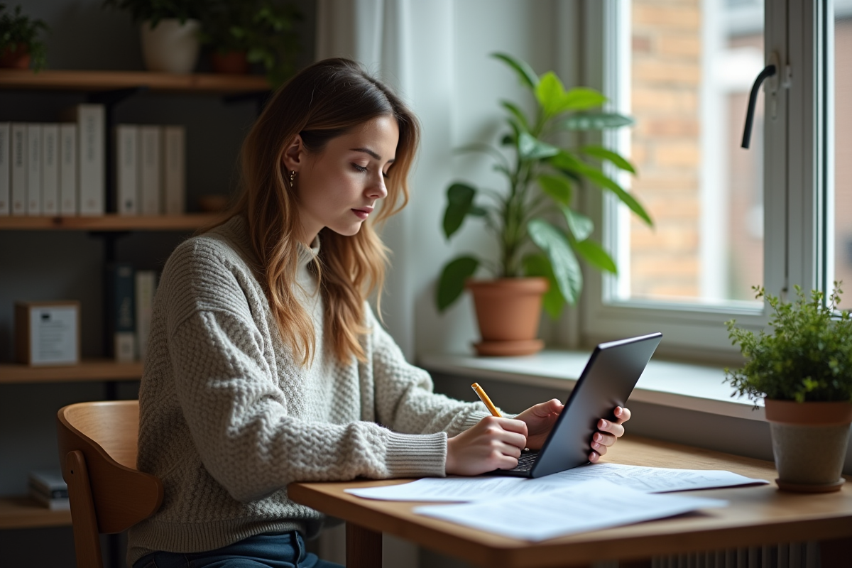 Jeune femme remplissant un formulaire fiscal à son bureau
