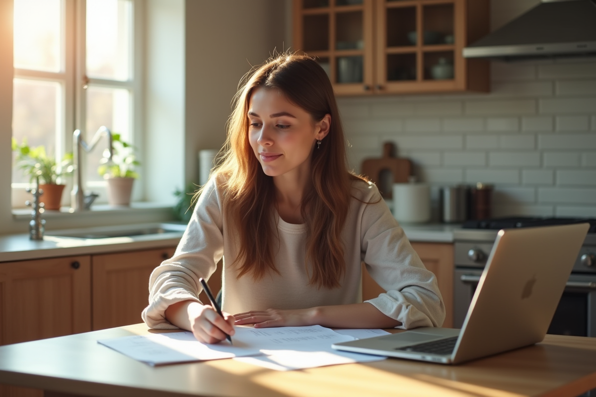 Jeune femme remplissant des formulaires de logement durant la journée