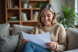 Femme d'âge moyen relisant documents d'assurance maison