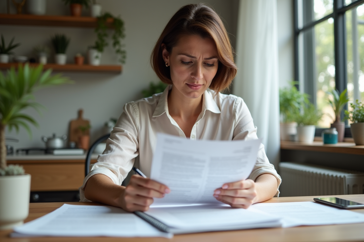 Femme d'âge moyen examine contrats dans une cuisine lumineuse