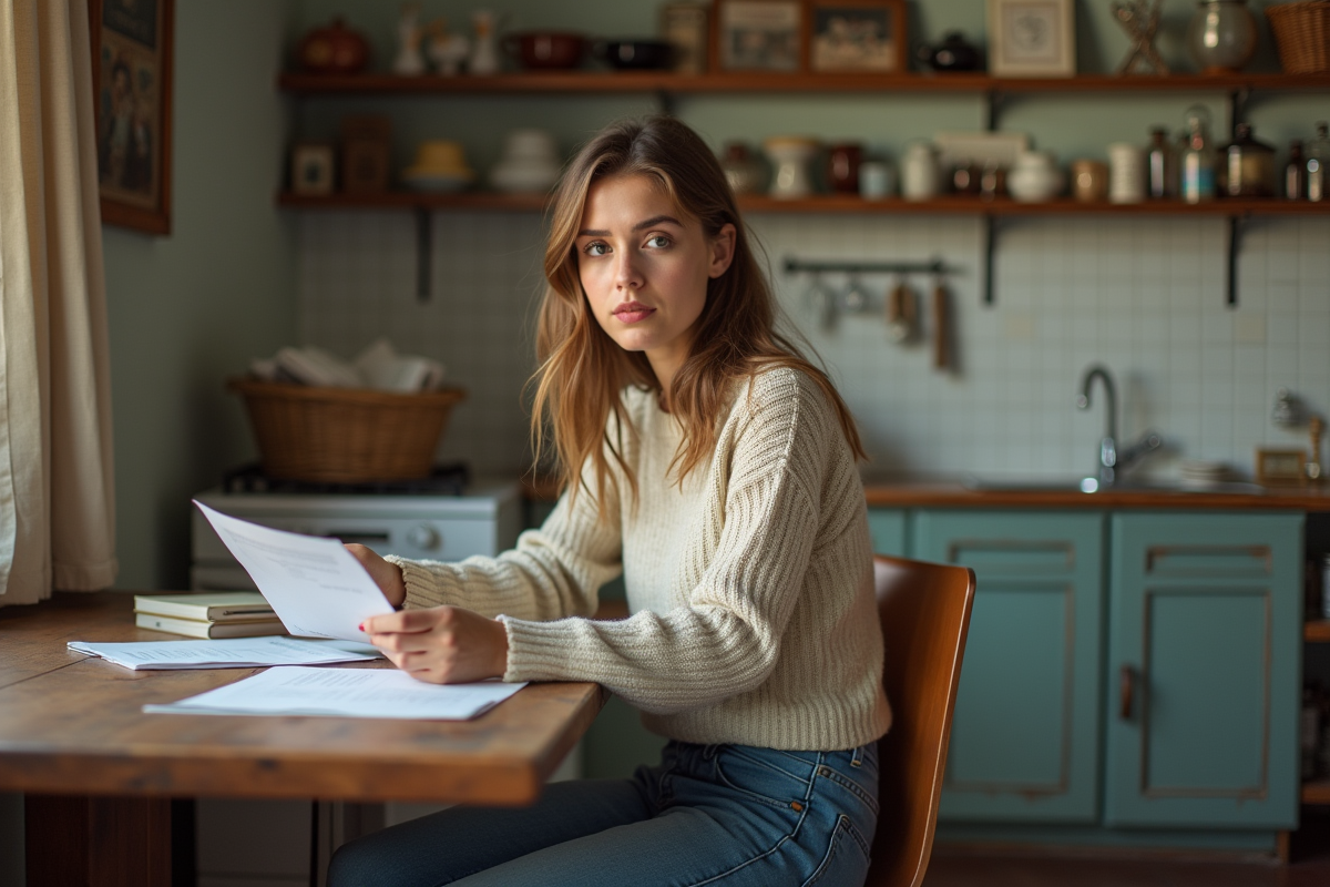 Jeune femme examinant des papiers dans un appartement ancien