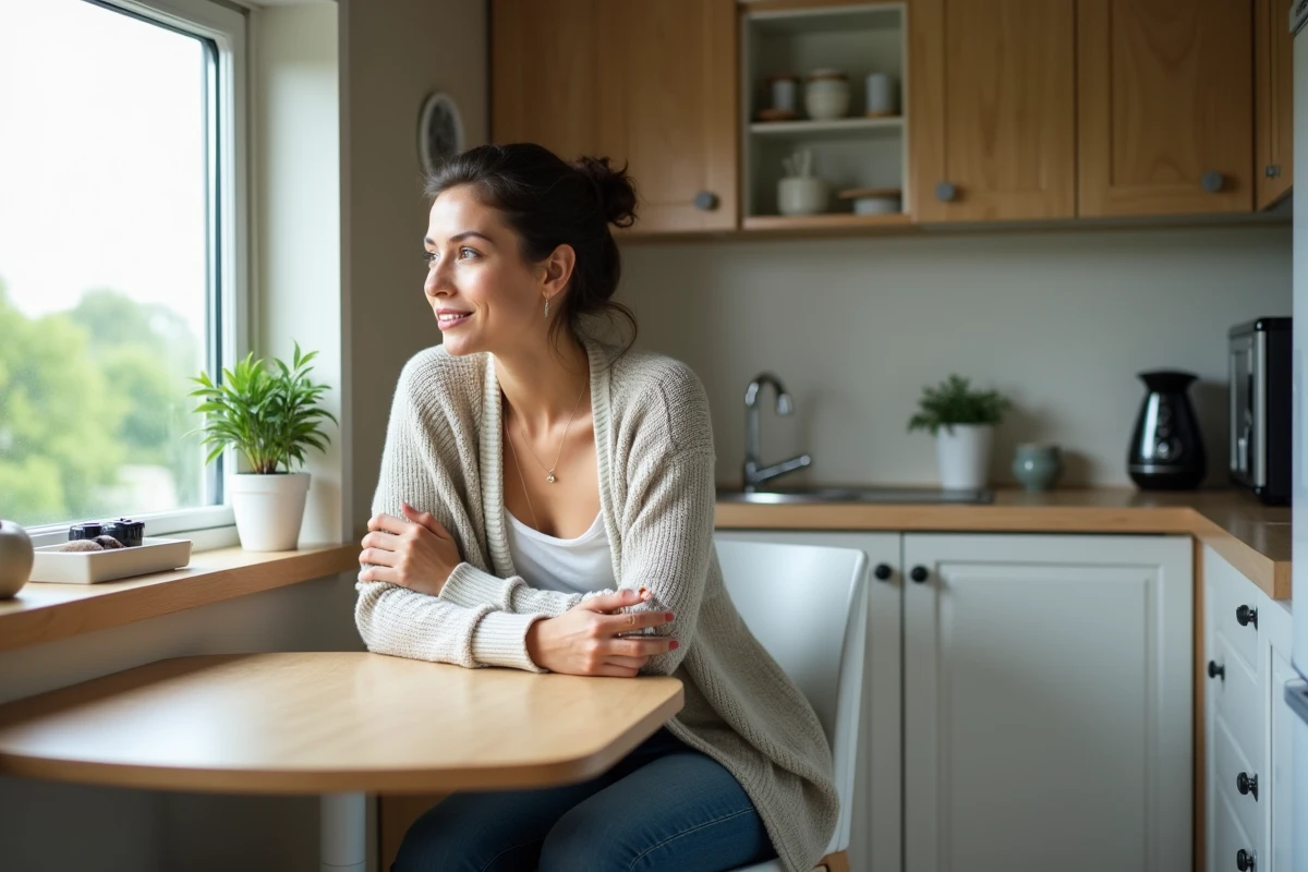 Femme assise dans une cuisine moderne et lumineuse
