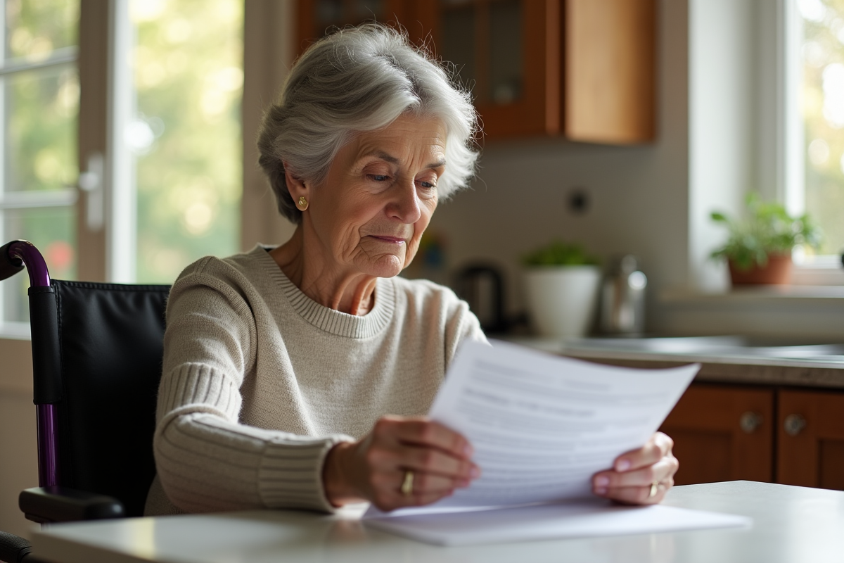 Femme senior en fauteuil lisant documents dans la cuisine