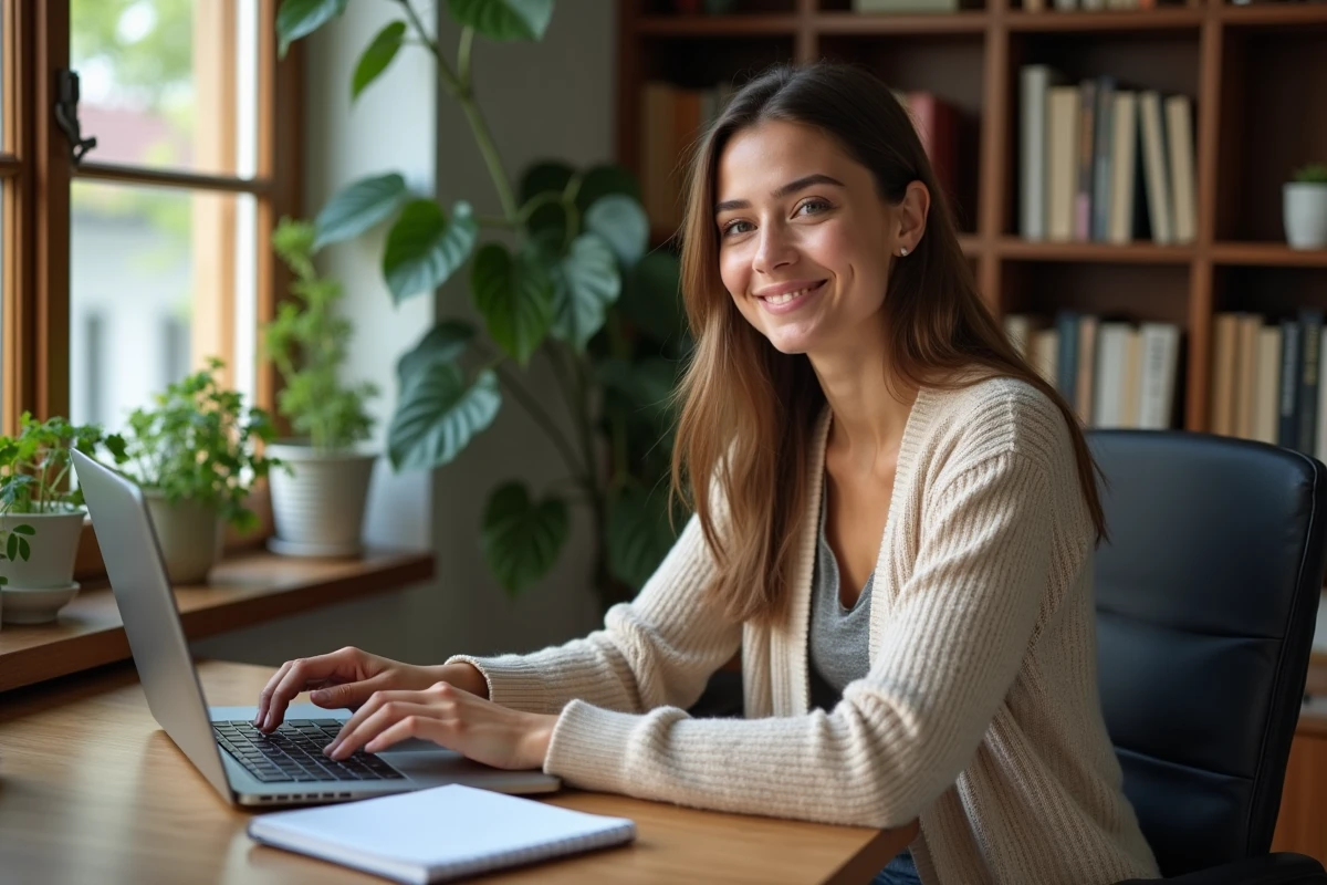 Femme souriante en visioconference dans un bureau à domicile chaleureux