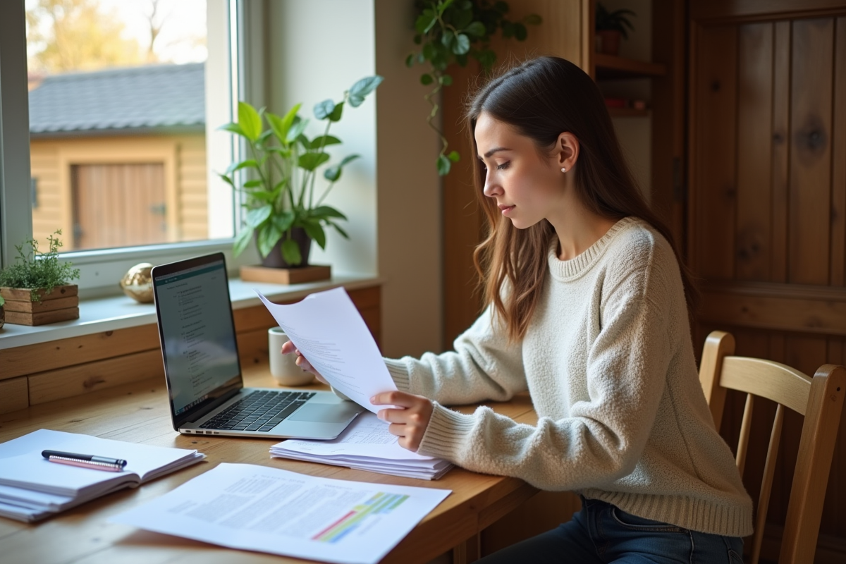 Femme analysant des documents fiscaux à la maison
