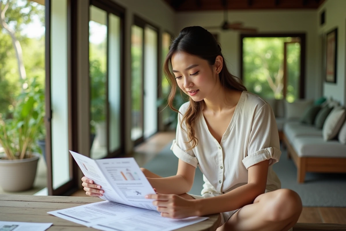 Jeune femme lit un document sur sa veranda &agrave; Koh Samui