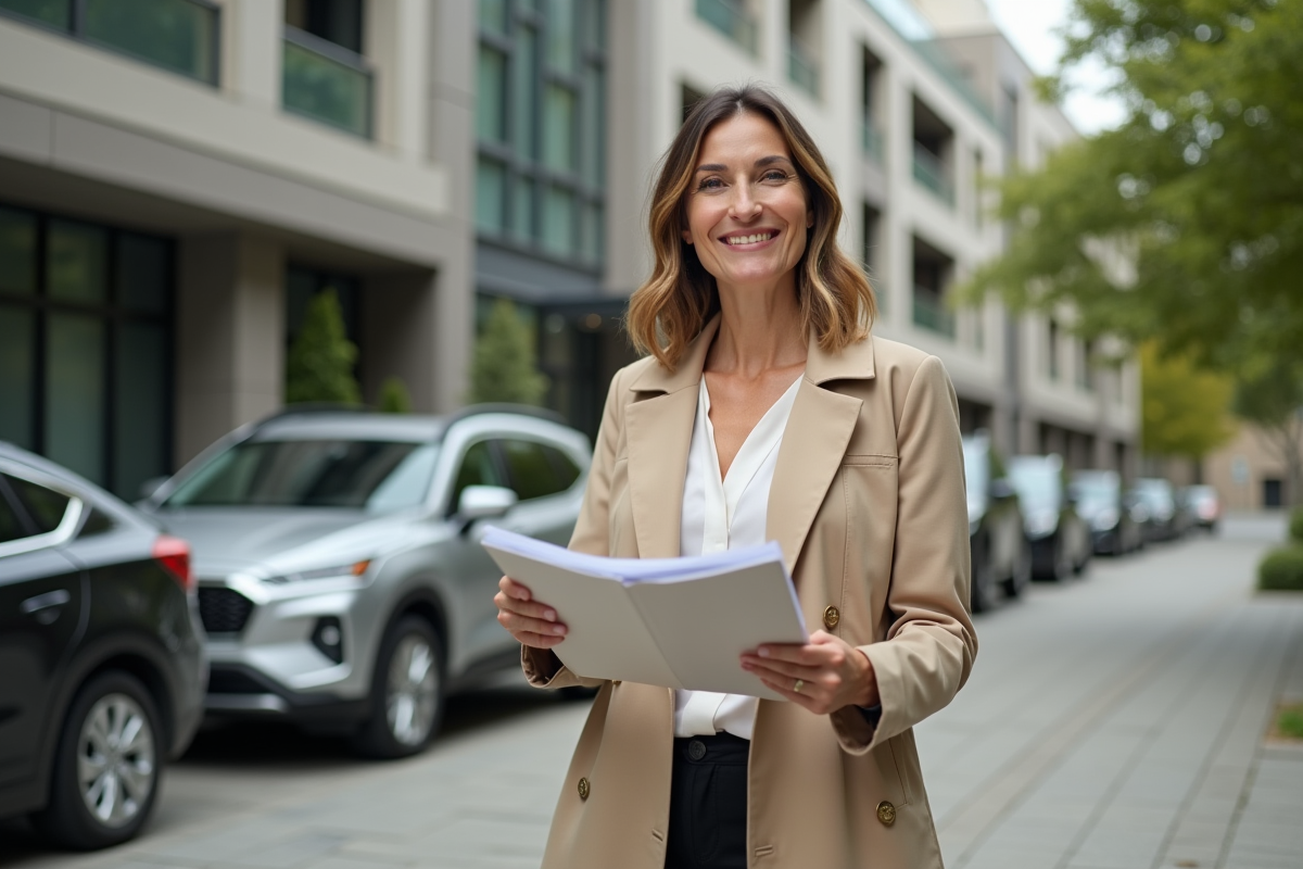 Femme souriante vérifiant des dossiers immobiliers en extérieur