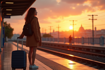 Jeune femme avec valise à la station Mille SaintCharles au lever du soleil