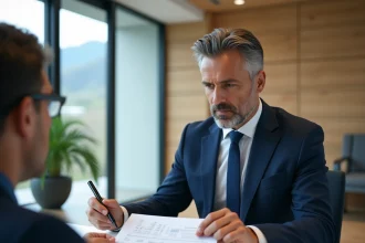 Un homme en costume bleu marine examine des documents de financement immobilier avec un conseiller bancaire en Andorre