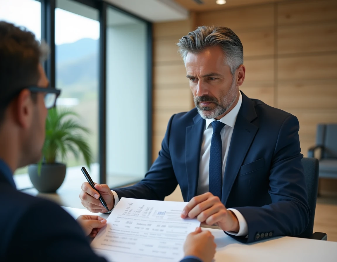 Un homme en costume bleu marine examine des documents de financement immobilier avec un conseiller bancaire en Andorre
