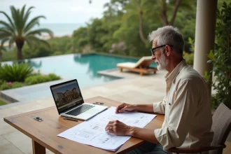 Un investisseur européen examine des documents immobiliers pour l'achat d'une villa à Koh Samui avec vue sur piscine à débordement