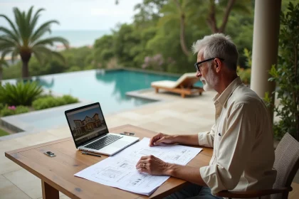Un investisseur européen examine des documents immobiliers pour l'achat d'une villa à Koh Samui avec vue sur piscine à débordement
