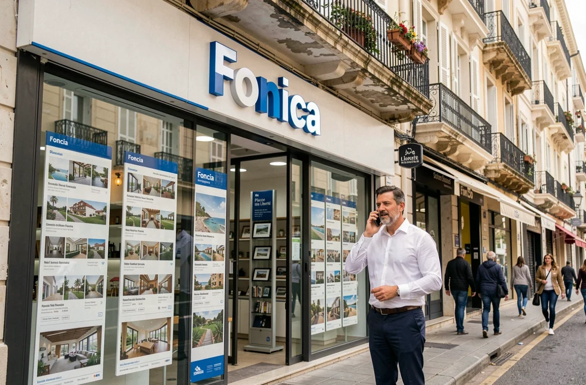 Devanture de l'agence Foncia Transaction Toulon Liberté avec agent téléphonant sur le trottoir