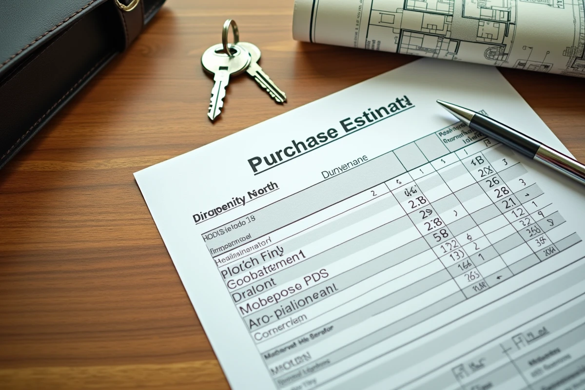 Estimation des frais de notaire sur un document immobilier avec calculatrice et clés de maison