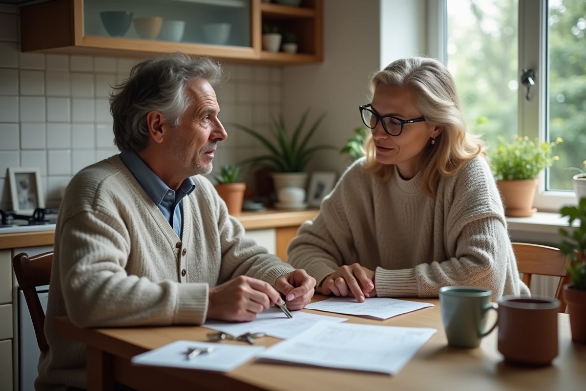 Femme et frère discutant autour de papiers dans une cuisine familiale