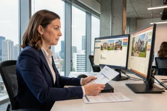 Professionnelle de l'immobilier utilisant le portail Orchestra pour gérer ses biens depuis un poste de travail en open space moderne