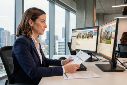 Professionnelle de l'immobilier utilisant le portail Orchestra pour gérer ses biens depuis un poste de travail en open space moderne