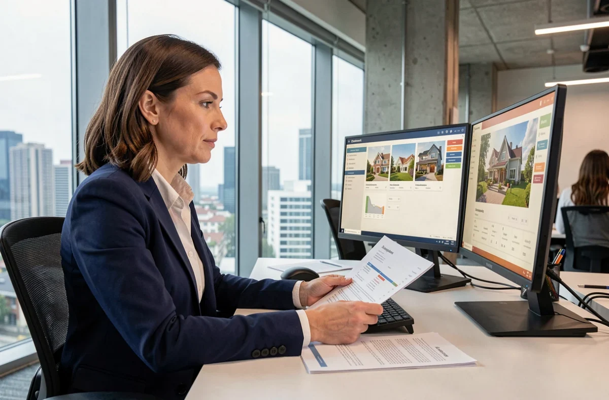 Professionnelle de l'immobilier utilisant le portail Orchestra pour gérer ses biens depuis un poste de travail en open space moderne