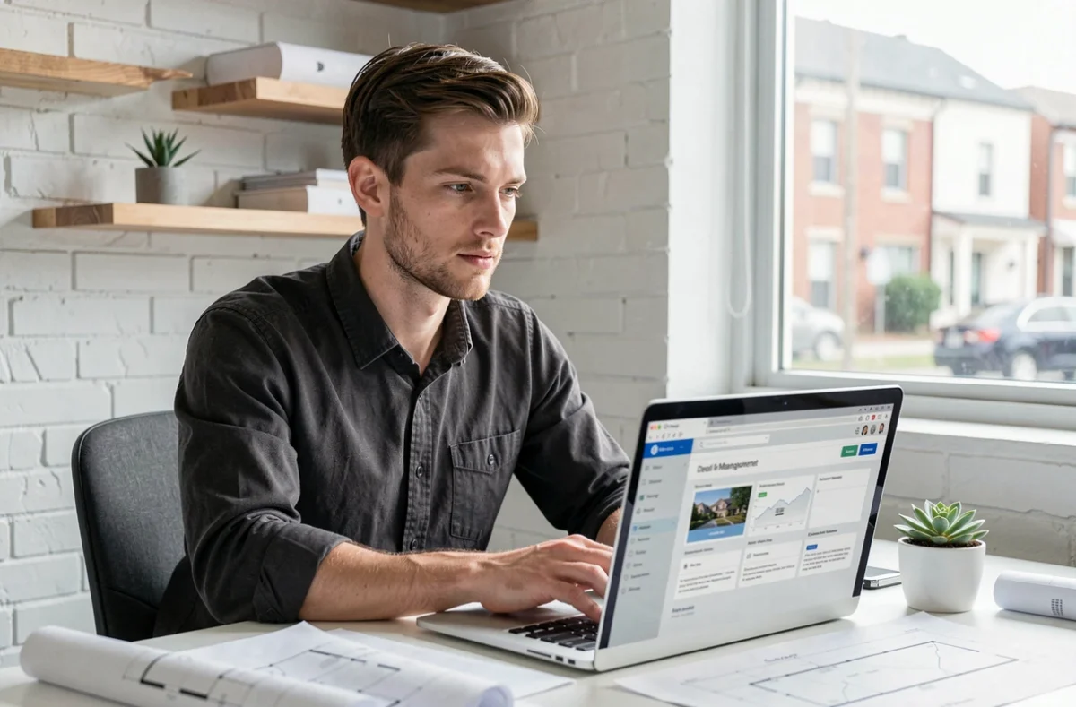 Jeune professionnel gérant son portefeuille immobilier via le portail Orchestra depuis un bureau à domicile moderne et épuré