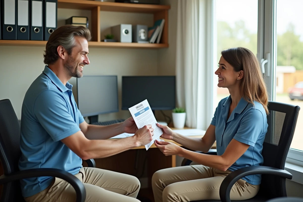 Gestionnaire de camping donnant des brochures &agrave; un visiteur