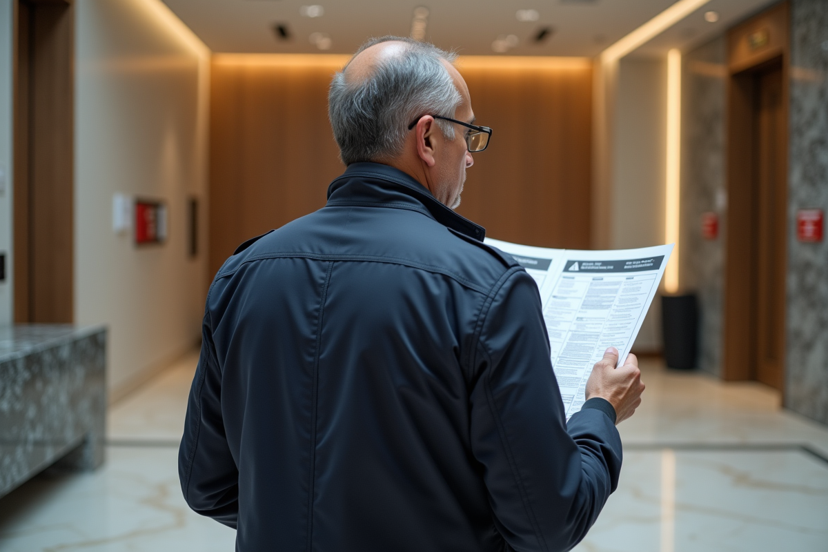 Gestionnaire immobilier examinant un plan d evacuation dans le lobby