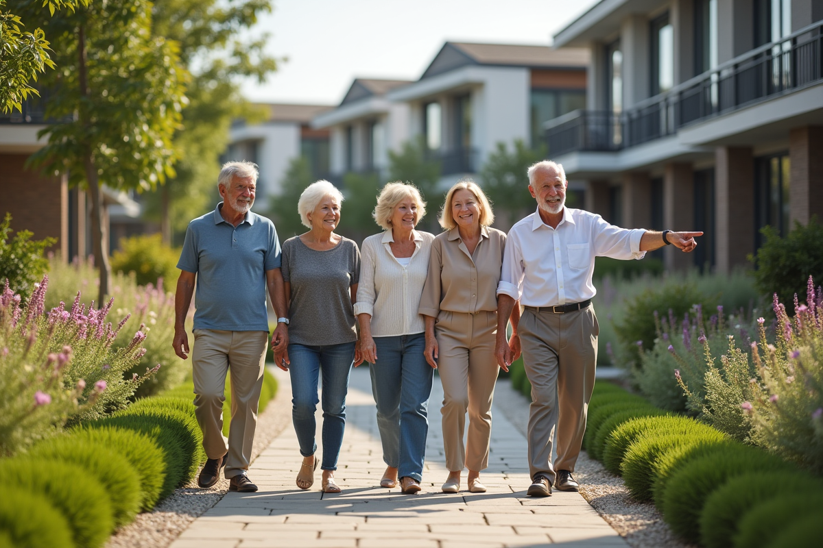 Groupe de seniors marchant dans un jardin avec bâtiments modernes en arrière-plan
