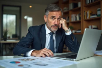 Homme d'affaires examinant un rapport immobilier dans un bureau