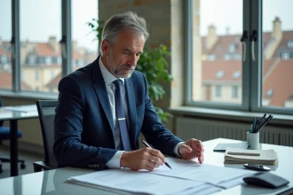 Homme d'affaires en costume dans un bureau lyonnais