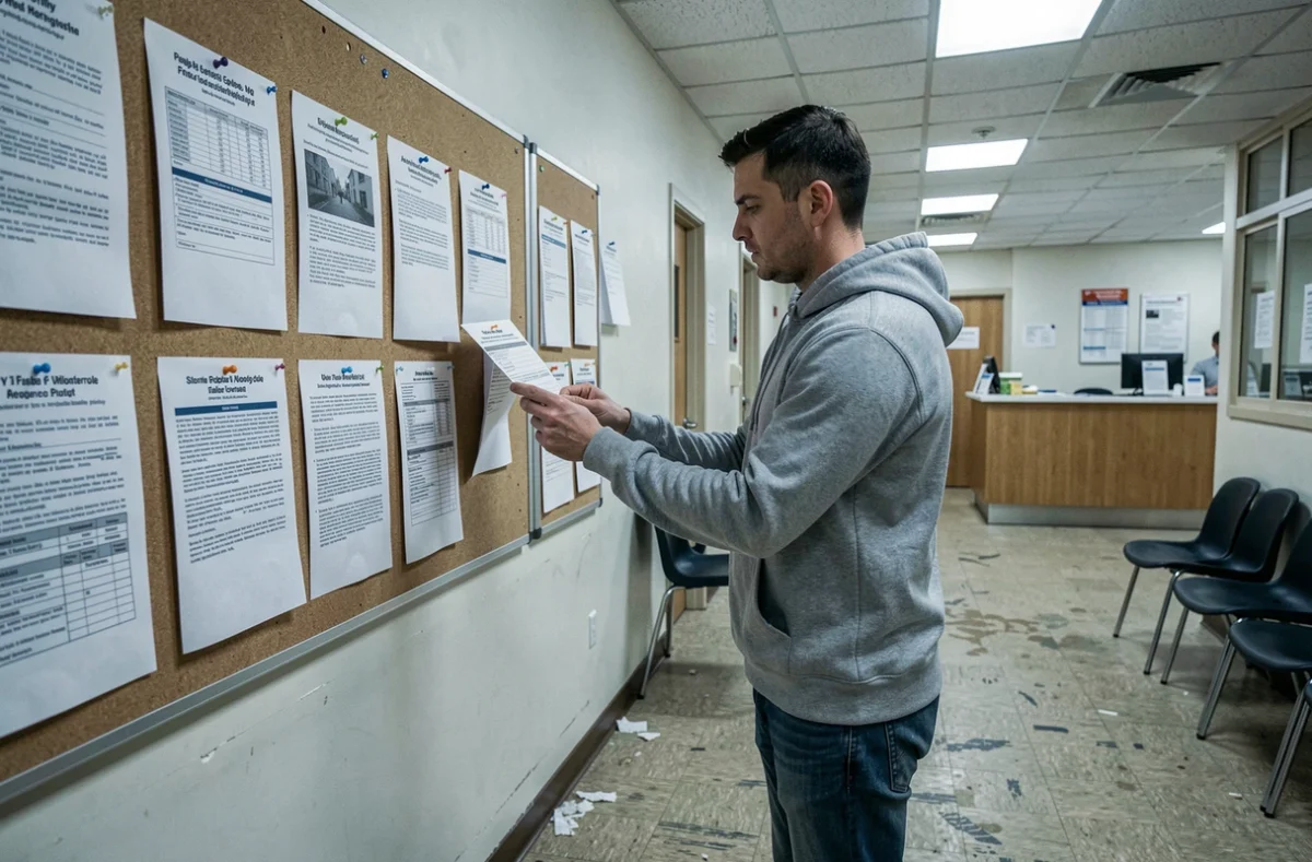 Homme lisant des affichages administratifs dans une agence de logement social HLM en attente de décision