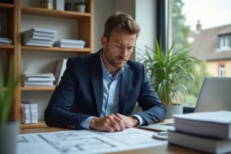 Homme d'âge moyen analysant un plan immobilier dans un bureau lumineux