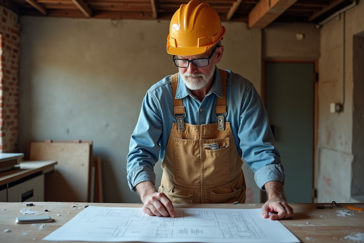 Homme en tenue de chantier examine des plans de rénovation