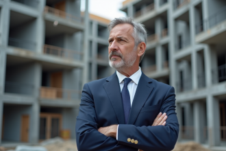 Homme en costume devant un immeuble en construction