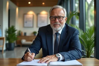 Homme d'affaires en costume remplissant des papiers dans un hall moderne