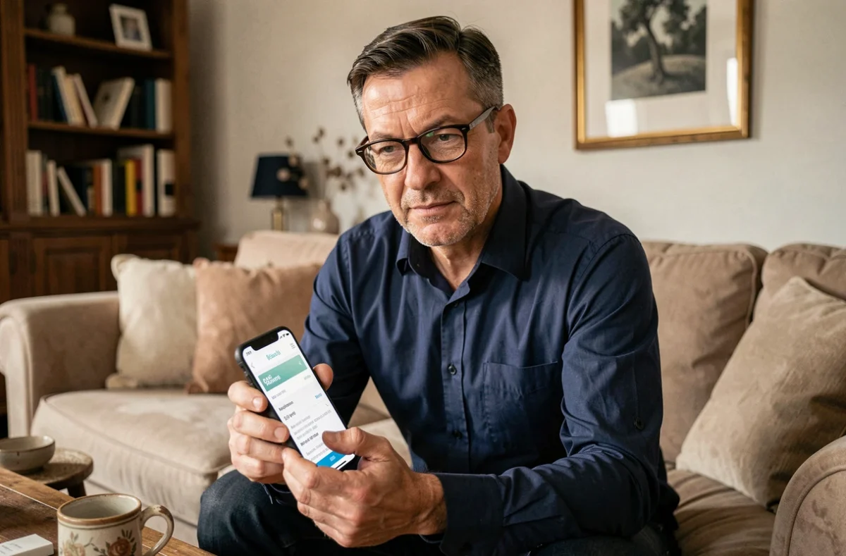 Homme consultant un devis assurance habitation sur smartphone depuis son salon
