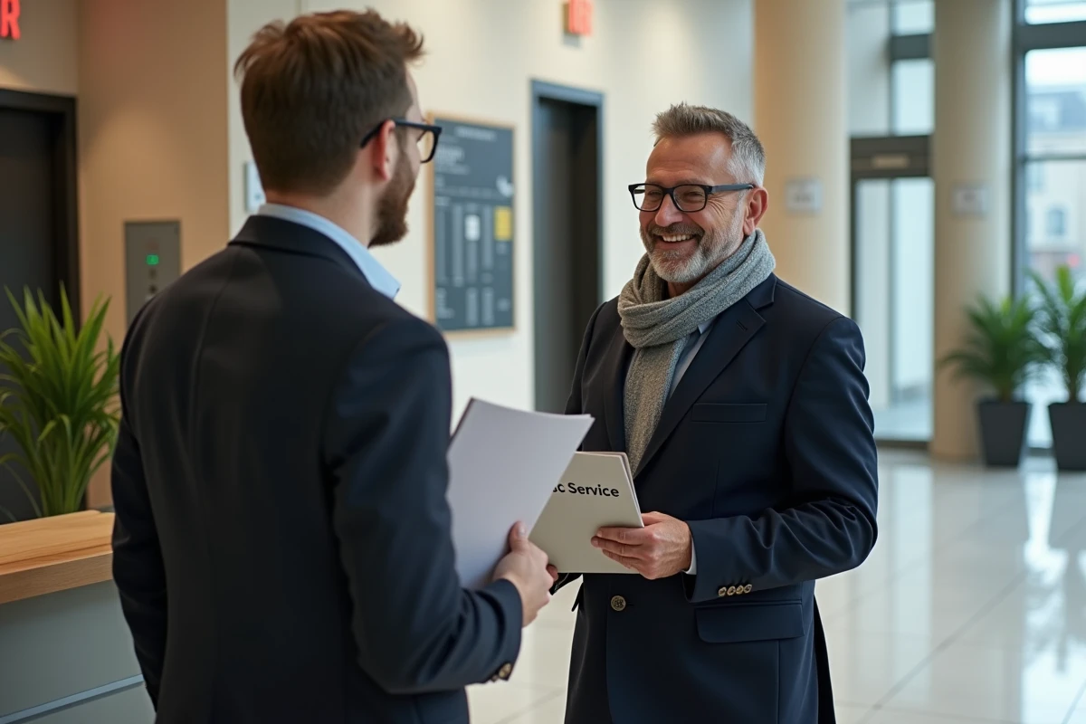 Homme discutant avec un gestionnaire dans un hall d
